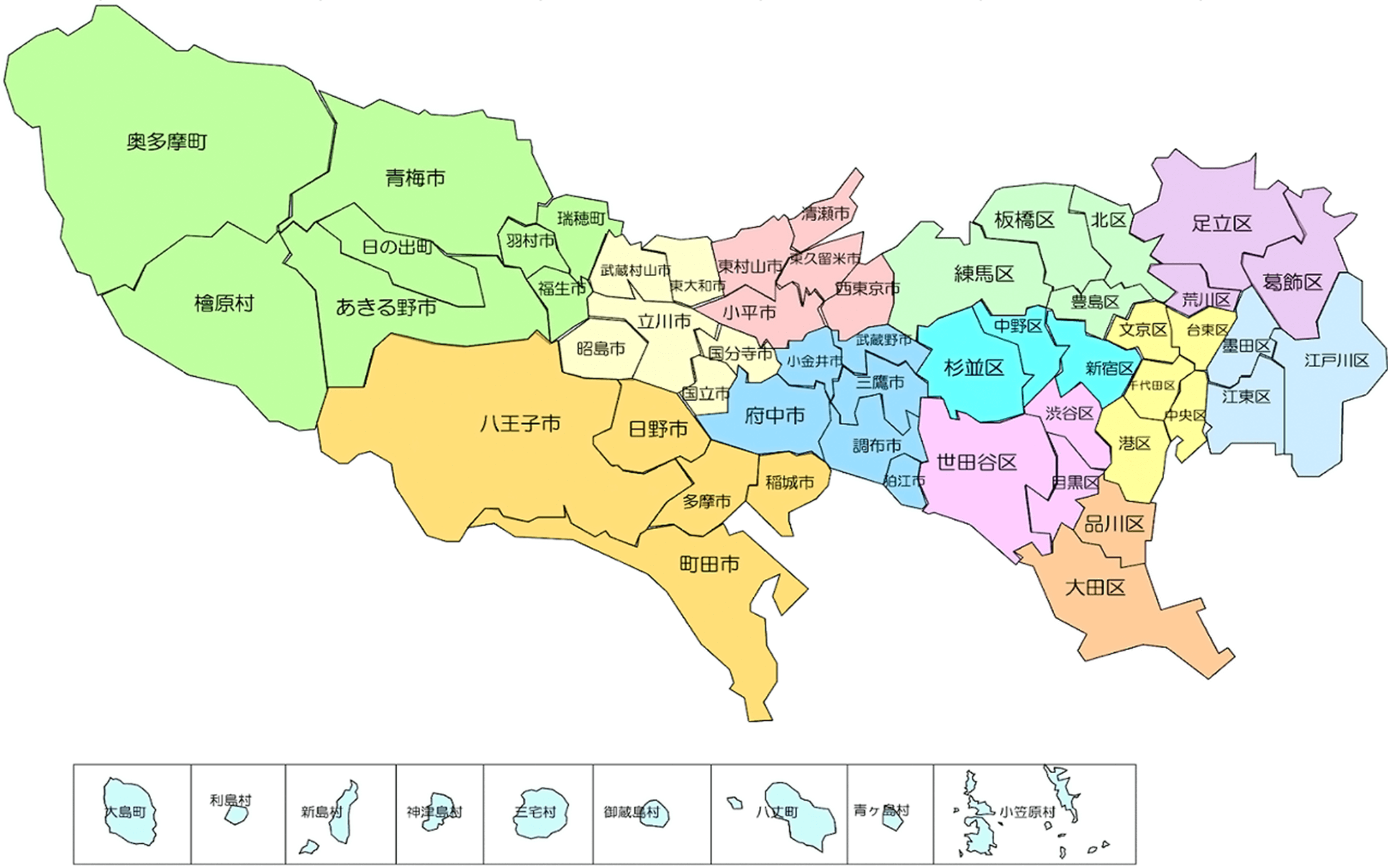 都内区市町村のリンク付き一覧図。区市町村の取組内容を見るには、各区市町村を選択してください。