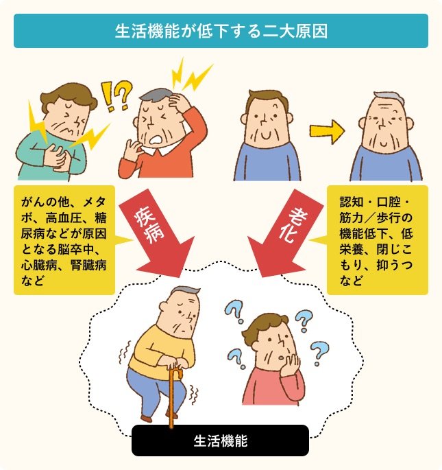 生活機能が低下する二大原因/疾病:がんの他、メタボ、高血圧、糖尿病などが原因となる脳卒中、心臓病、腎臓病など/老化:認知・口腔・筋力/歩行の機能低下、低栄養、閉じこもり、抑うつなど