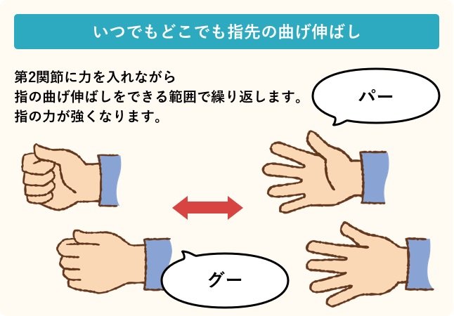 いつでもどこでも指先の曲げ伸ばし/第2関節に力を入れながら指の曲げ伸ばしをできる範囲で繰り返します。指の力が強くなります。