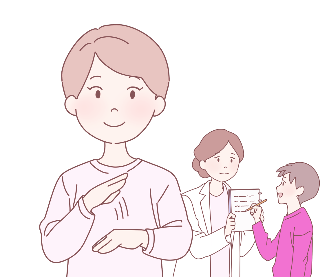 手話をする女性・筆談をで会話している医師と子供