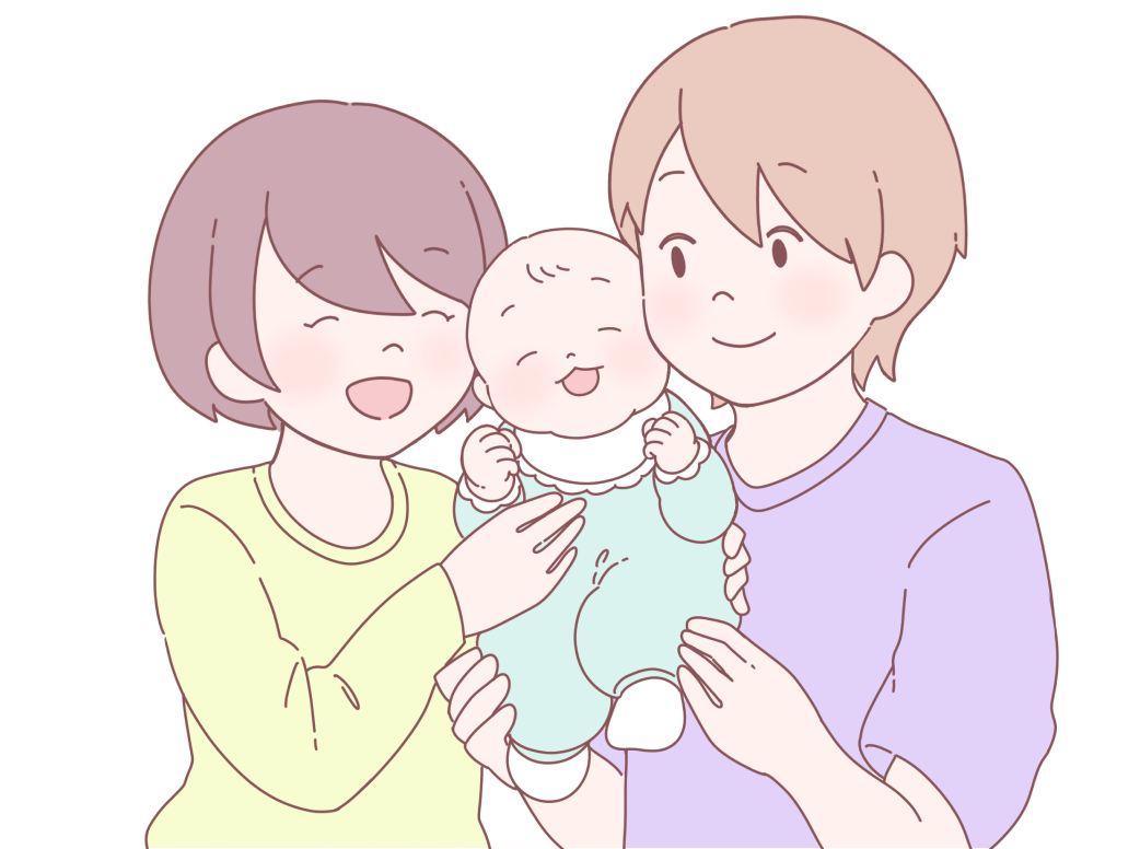 笑顔の赤ちゃんを挟んで楽しそうな両親