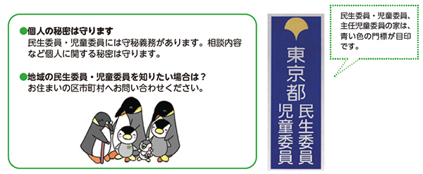 ●個人の秘密は守ります民生委員・児童委員には守秘義務があります。相談内容など個人に関する秘密は守ります。●地域の民生委員・児童委員を知りたい場合は?お住まいの区市町村へお問い合わせください。 東京都自動委員 東京都民生委員 民生委員・児童委員、主任児童委員の家は、青い色の門標が目印です。