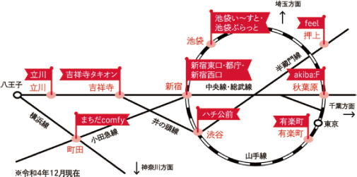 令和4年12月現在都内12か所の献血ルームと献血バス